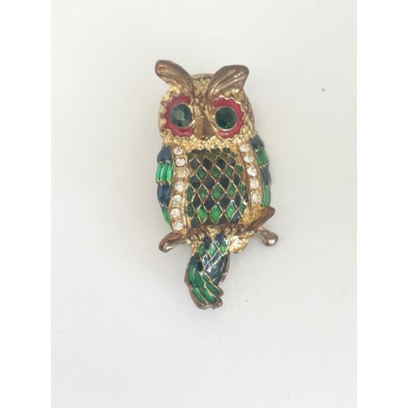 Vintage Owl Brooch Green and Navy Harlequin Pattern Enamel - Picture 3 of 5